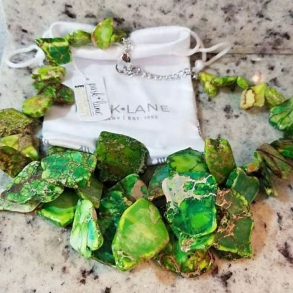 Imperial Jasper Emerald Green and Beige Huge Freeform Slab Statement Necklace